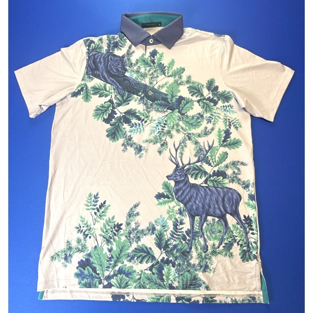 GREYSON Polo Shirt Men M Purple ENCHANTED FOREST THISTLE All Over Print Golf - Picture 2 of 7